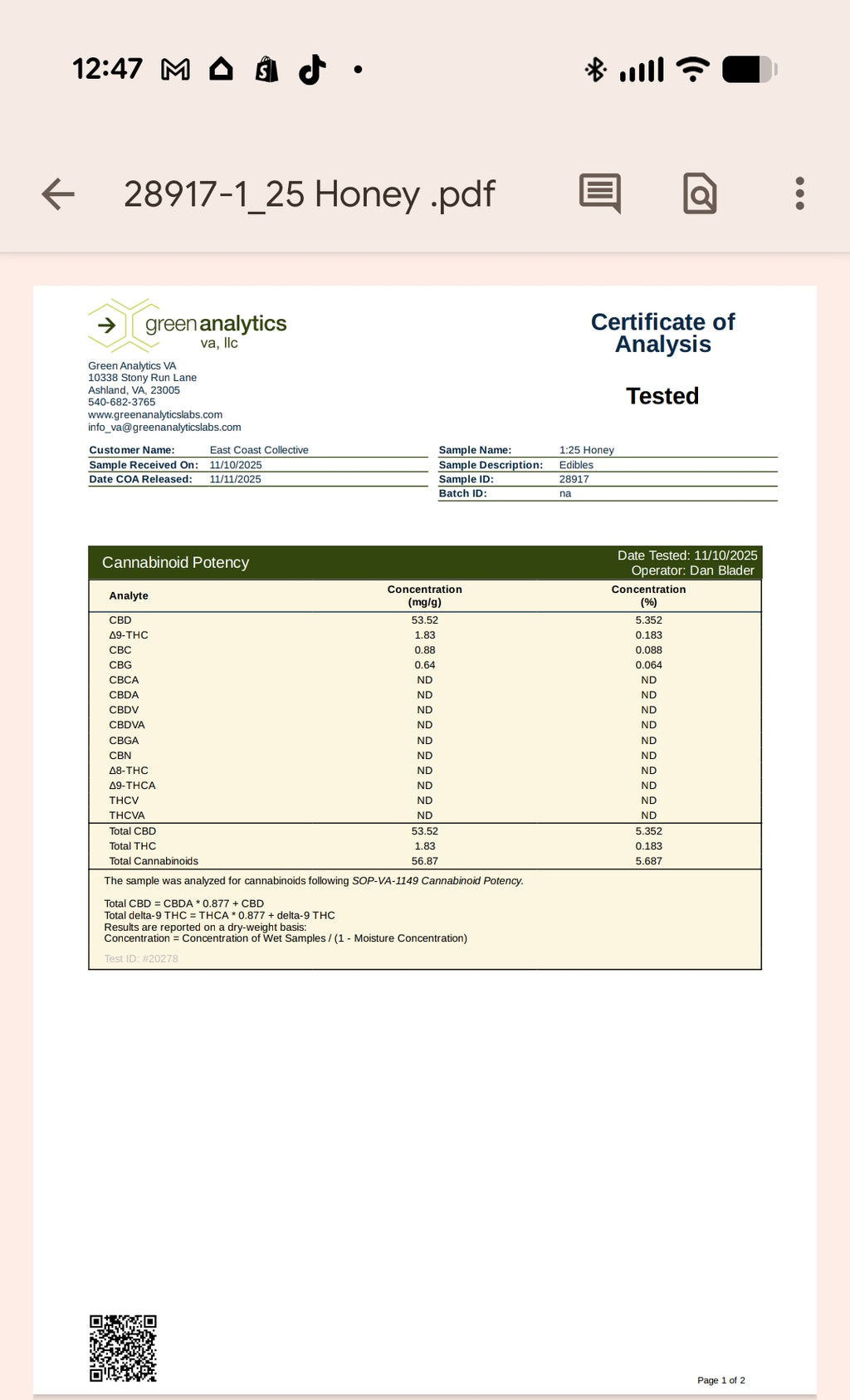 8 oz Virginia Hemp Honey 500mg THC : 12,500 CBD
